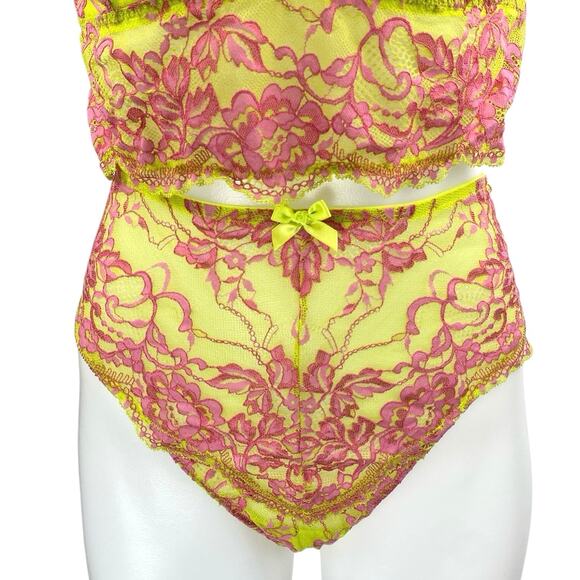 Savage x Fenty Yellow Pink Lace Brallete High Waist Bottom Lingerie 2 Pc Set 1XL - Picture 4 of 5